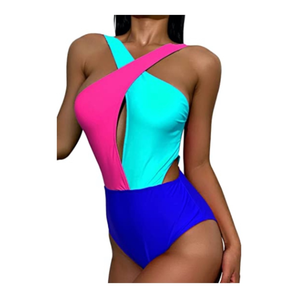 Color Block Hot Pink and Blue Monokini Swimsuit, Size: XS